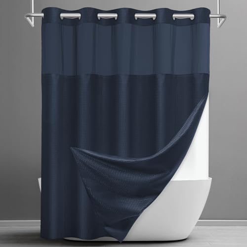 No Hook Waffle Shower Curtain with Snap in Liner Set, 71x74, Navy Blue