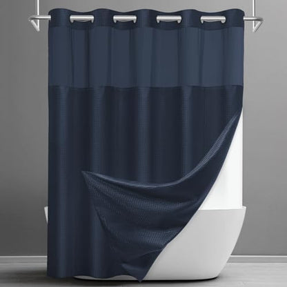 No Hook Waffle Shower Curtain with Snap in Liner Set, 71x74, Navy Blue