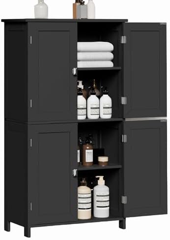 Bathroom Cabinet with Adjustable Shelf Freestanding Storage Cabinet with 2 Doors Wooden Organizer Floor for Bathroom Kitchen and Living Room (Black, 4 Doors)