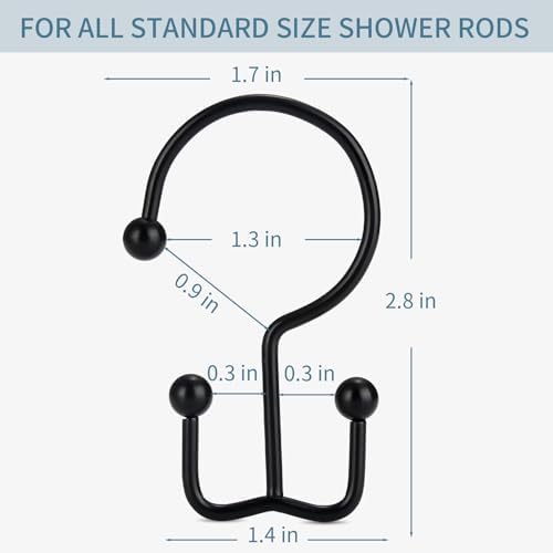 24 Pcs Shower Curtain Hooks, Goowin Shower Curtain Rings, Durable Black Shower Curtain Hooks Rust Proof, Shower Rings for Curtain, Double Glide Shower Hooks for Shower Curtain Rods, Black