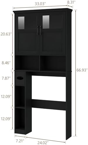 Vabches Over The Toilet Storage Cabinet with Doors & Paper Holder, Black