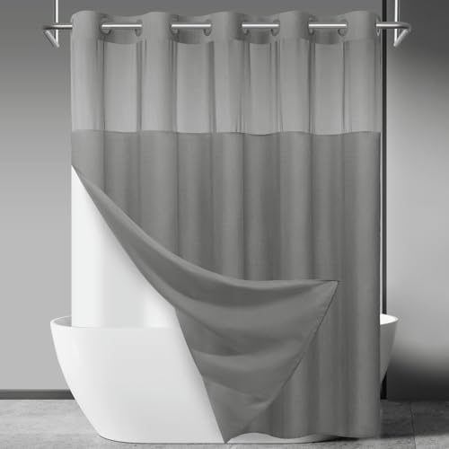 SORTTO No Hook Slub Shower Curtain with Liner, 71x74, Grey
