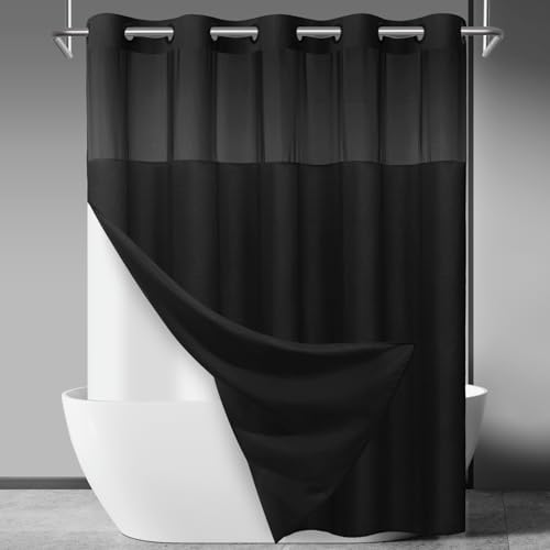 SORTTO No Hook Slub Shower Curtain with Liner, 71x86, Black