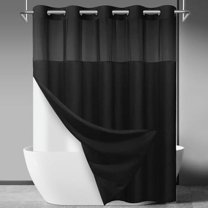 SORTTO No Hook Slub Shower Curtain with Liner, 71x80, Black