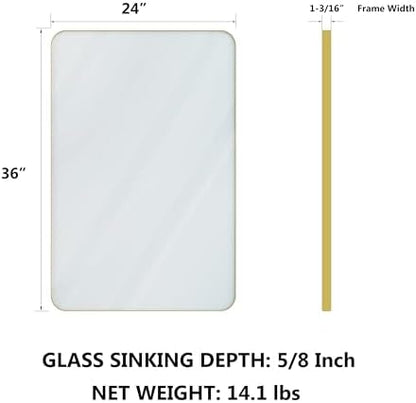 VocalStar Gold Bathroom Mirror for Wall, 24 x 36 Inch Metal Framed Rounded Rectangle Vanity Mirror Modern Farmhouse, 1/4-inch Shatterproof Glass | Ultra-Flush Hanging