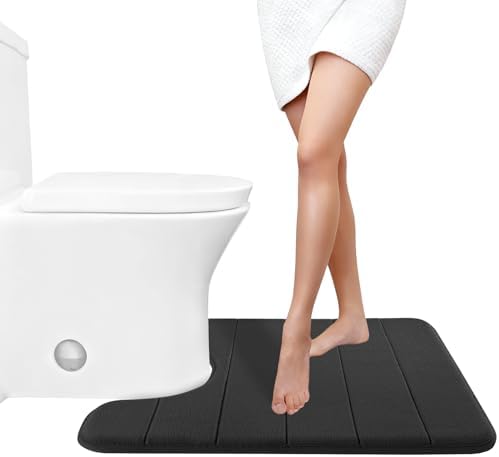 Yimobra Memory Foam Toilet Bath Mat U-Shaped, Soft and Comfortable, Super Water Absorption, Non-Slip, Thick, Machine Wash and Easier to Dry for Bathroom Commode Contour Rug, 24 X 20 Inches, Black