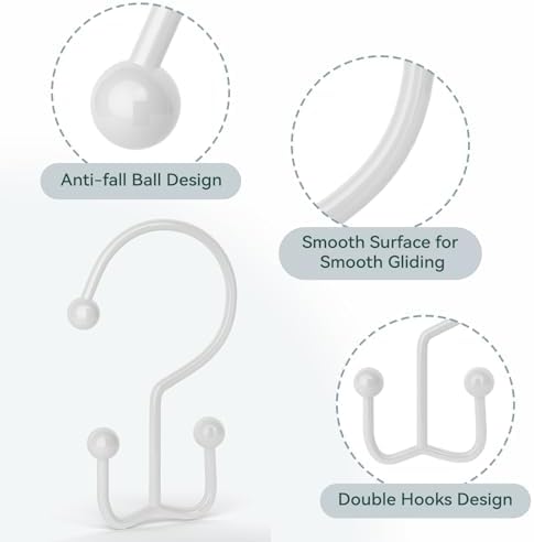 Goowin Shower Curtain Hooks, 12 Pcs Shower Curtain Rings, Durable Shower Curtain Rings Rust Proof, Double Glide Shower Rings for Curtain, Simple Shower Hooks for Shower Curtain & Liner, White