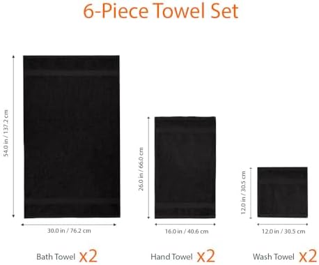 Amazon Basics 6-Piece Highly Absorbent Fade-Resistant Towel Set, 100% Cotton Towels for Bathroom, Soft, 2 Bath Towels, 2 Hand Towels, 2 Washcloths, Black