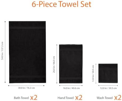 Amazon Basics 6-Piece Highly Absorbent Fade-Resistant Towel Set, 100% Cotton Towels for Bathroom, Soft, 2 Bath Towels, 2 Hand Towels, 2 Washcloths, Black