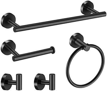 Towel Bar Set Mattel Black, Bathroom Accessories Set 5pcs Including 16'' Tower Bar, Towel Ring and 2 PCS Towel Hooks