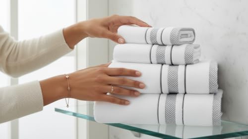 Bath Towels Set for Bathroom – Luxury 2-Piece Cotton Towels (55''x28''), Soft Absorbent & Quick Dry, 600 GSM Bath Towels for Bathroom, Hotel Spa Quality (White/Grey, 2-Bath Towel Set)