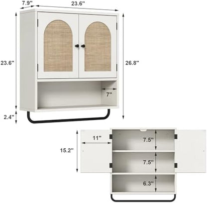 RUSTOWN Rattan Bathroom Wall Cabinet, Boho Medicine Cabinet with 2 Doors