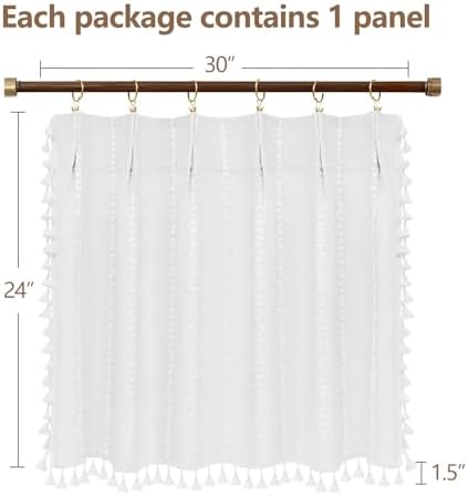 Seenus Boho Farmhouse Window Curtain with Tassels, 30 x 24 Inch Light Filtering Sheer Short Cafe Window Curtain Tier, White Linen Textured Pleated Small Window Drape for Kitchen or Bathroom, 1 Panel