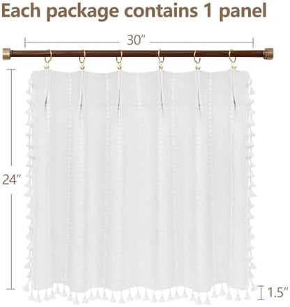 Seenus Boho Farmhouse Window Curtain with Tassels, 30 x 24 Inch Light Filtering Sheer Short Cafe Window Curtain Tier, White Linen Textured Pleated Small Window Drape for Kitchen or Bathroom, 1 Panel