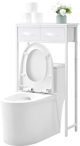 MOHOPE 2-Tier Over The Toilet Storage with 2 Fabric Drawers, Freestanding Above The Toilet Storage Cabinet, Space Saver Metal Over Toilet Bathroom Organizer Shelf for Small Space, White