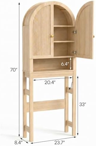 HMstone Over The Toilet Storage Cabinet, Arched Bathroom Organizer and Storage with Doors and Adjustable Shelf, Space-Saving Freestanding Bathroom Modern Storage Cabinet Over Toilet (Natural)