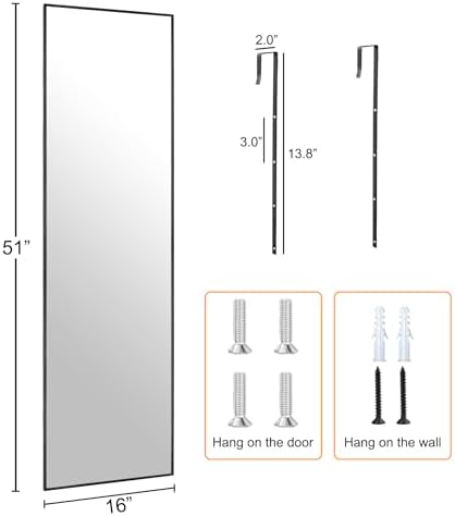 51x16 Inch Full Length Mirror Over the Door Hang or Wall Mounted Black
