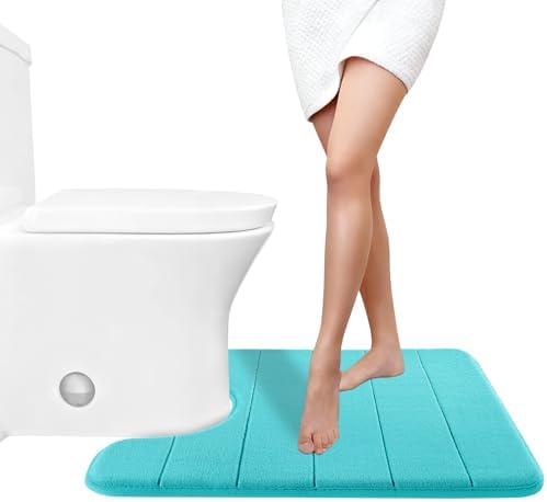 Yimobra Memory Foam Toilet Bath Mat U-Shaped, Soft and Comfortable, Super Water Absorption, Non-Slip, Thick, Machine Wash and Easier to Dry for Bathroom Commode Contour Rug, 24 X 20 Inches, Lake Blue
