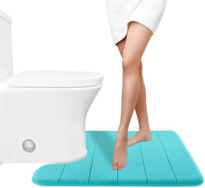 Yimobra Memory Foam Toilet Bath Mat U-Shaped, Soft and Comfortable, Super Water Absorption, Non-Slip, Thick, Machine Wash and Easier to Dry for Bathroom Commode Contour Rug, 24 X 20 Inches, Lake Blue