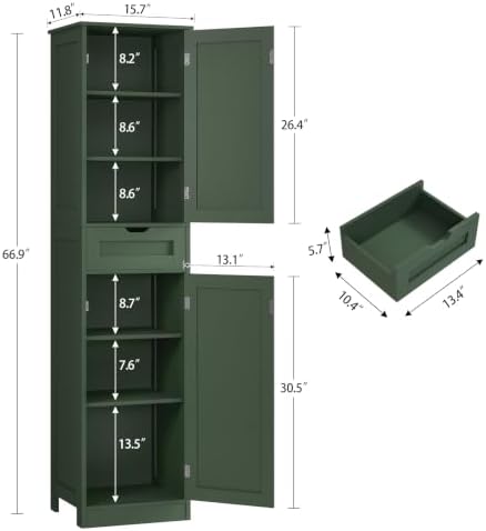 Iwell Tall Bathroom Storage Cabinet with 2 Doors & 1 Drawer, Narrow Storage Cabinet with Adjustable Shelves, for Living Room, Bathroom, Kitchen, Forest Green