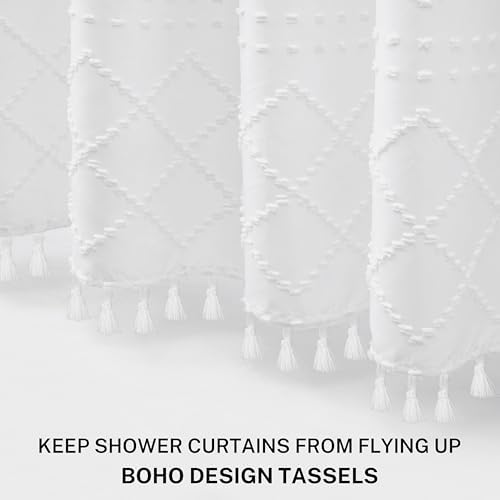 Extra Long White Textured Woven Fabric Boho Shower Curtain with Tassels 72 x 84 Modern Farmhouse Minimalist, Tufted Chevron Striped Shabby Chic, Water Resistant Cloth Curtain for Bathroom, Hotel Decor