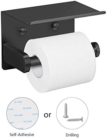VAEHOLD Self Adhesive Toilet Paper Holder with Phone Shelf Stainless Steel Wall Mounted Toilet Paper Roll Holder - Rustproof and Bathroom Washroom Tissue Roll Holder with Shelf - Black