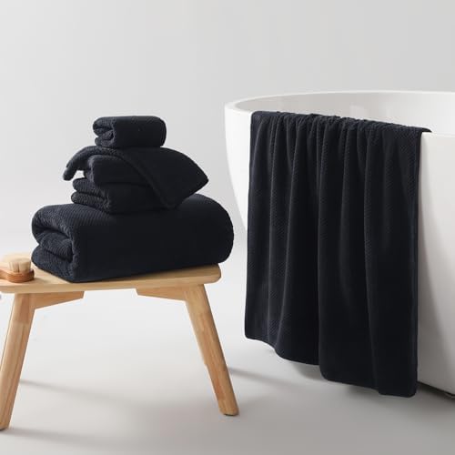 REDKISS 6-Piece Bath Towel Set - 2 Washcloths, 2 Hand Towels, 2 Bath Towels | Ultra-Fiber Coral Fleece, Super Absorbent, No Lint & No Fading | Perfect for Bathroom, Spa, Gym | Family & Adults-Black