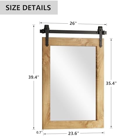 Farmhouse Bathroom Mirror 26”x40” Rustic Wood Framed Wall Mirror Barn Door Mirror for Wall (Brown)