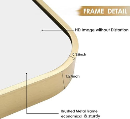 22x30 Inch Gold Bathroom Mirror, Brushed Brass Gold Metal Framed Rectangular Mirror with Rounded Corner, Bathroom Vanity Mirror for Bedroom or Living Room, Horizontal/Vertical