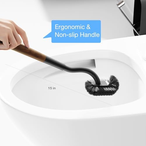 Toilet Bowl Brush and Holder, OSCIOSS Toilet Brush Set with Ergonomic Design, Compact Size, Durable Bristles, RV Toilet Brushes & Holders for Dead Corner Clean (Wood&Black, 1pack)