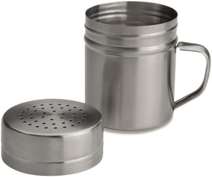 Stainless steel mug with a detachable pepper grinder on a white background