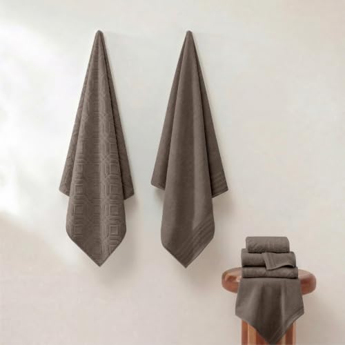 Modern Threads 6 Piece Bath Towel Set – Bathroom Towel Set with 2 Bath Towels, 2 Hand Towels & 2 Washcloths – 100% Cotton, Soft & Absorbent – Geometric (Classic Taupe)