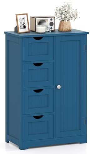 Giantex Bathroom Cabinet, Freestanding Storage Cabinet with 1 Door & 4 Drawers, 3-Level Adjustable Shelf, Anti-toppling System, Modern Storage Organizer for Bathroom, Living Room, Kitchen (Blue)
