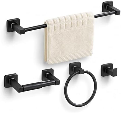 Matte Black Bathroom Hardware Set 4 Pieces,Towel Bar Set Stainless Steel Wall Mounted, Includes 16In Hand Towel Bar, Towel Ring, Robe Towel Hooks,Toilet Paper Holder, Bathroom Towel Rack Set