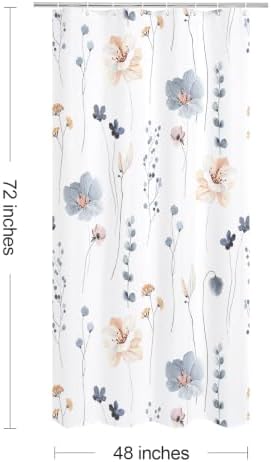 Gibelle Blue Beige Watercolor Floral Fabric Shower Curtain, 48x72