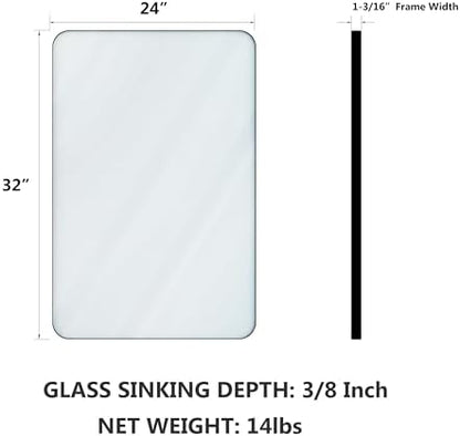VocalStar Black Bathroom Mirror for Wall, 24 x 32 Inch Rounded Rectangle Metal Framed Bathroom Wall Vanity Mirror Farmhouse, 1/4-inch Shatterproof Glass | Ultra-Flush Hanging