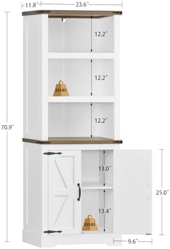 TEENFON 70.9in Tall Storage Cabinet with Adjustable Shelves, Kitchen Pantry Cabinet with 2 Barn Doors, 5 Tiers Farmhouse Bookcase for Living Room, Kitchen, Home Office, Bedroom, White