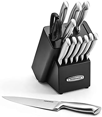 Farberware Self-Sharpening 13-Piece Knife Block Set with EdgeKeeper Technology, High Carbon-Stainless Steel Kitchen Knives, Razor-Sharp Knife Set with Wood Block, Black