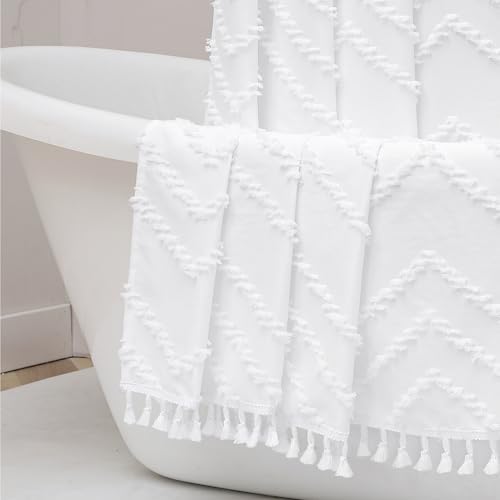 OWENIE Small Boho Stall Shower Curtain, White Fabric Cloth Stall Shower Curtain 36 x 72 Half Size with Tassel Tufted Chevron Striped Textured Modern Farmhouse for Bathroom, Machine Washable