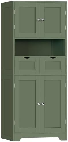 Iwell 58" H Tall Bathroom Storage Cabinet with 2 Drawers & 2 Adjustable Shelves, Bathroom Cabinet with 4 Doors, Tall Cabinet for Living Room, Dining Room, Entryway, Forest Green