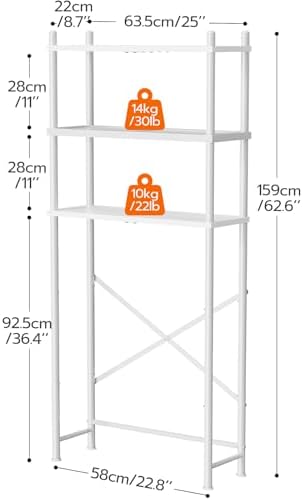 HOOBRO Over the Toilet Storage, 3-Tier Over Toilet Bathroom Organizer, Freestanding Above Toilet Shelf with Adjustable Feet, Space Saving, Easy Assembly, White WW63TS01