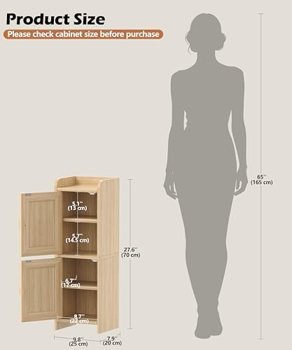 Akxomel Rattan Small Bathroom Cabinet Narrow Toilet Paper Organizer Oak