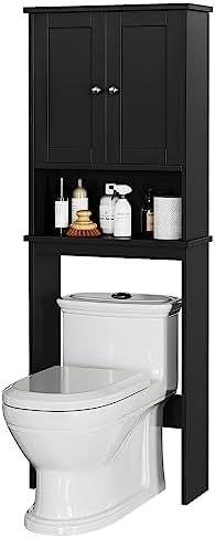Over the Toilet Storage Cabinet for Bathroom, Black Bathroom Over Toilet Cabinet Freestanding Storage Organizer, Space Saver with Doors and Adjustable Shelf, Black