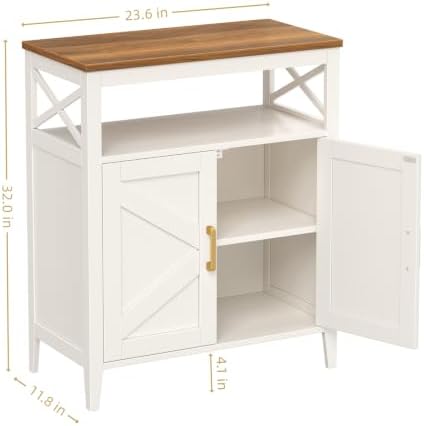 Bathroom Storage Cabinet with Doors, Adjustable Shelf, Wood Top