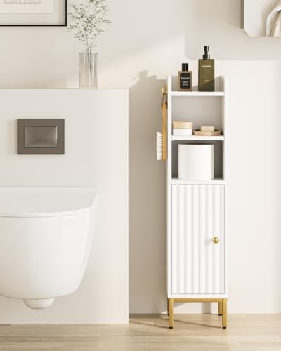 Bathroom Storage Cabinet, Small Corner Floor Hutch with Door and Shelves, Narrow Toilet Paper Cabinet, Bathroom Organizer with 2-Tier Adjustable Shelf for Small Spaces,White