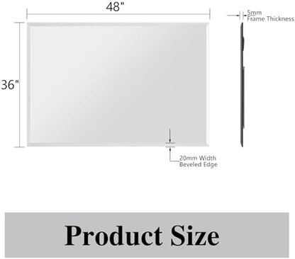 Frameless Bathroom Mirror, 48" x 36" Beveled Wall Mirror