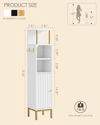 Bathroom Storage Cabinet,Small Corner Floor Cabinet with 2 Hook,Narrow Toilet Paper Cabinet with Adjustable Shelves,Bathroom Organizer for Living Room,Small Spaces (Wave, White-37''H)