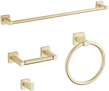 Brusehd Light Gold Bathroom Hardware Set 4 Pieces,Bathroom Accessories Set Stainless Steel Wall Mounted, Hand Towel Bar, Towel Ring, Robe Towel Hooks,Toilet Paper Holder,Towel Bar Set, 23.6 Inch…