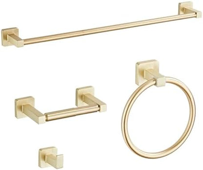Brusehd Light Gold Bathroom Hardware Set 4 Pieces,Bathroom Accessories Set Stainless Steel Wall Mounted, Hand Towel Bar, Towel Ring, Robe Towel Hooks,Toilet Paper Holder,Towel Bar Set, 23.6 Inch…