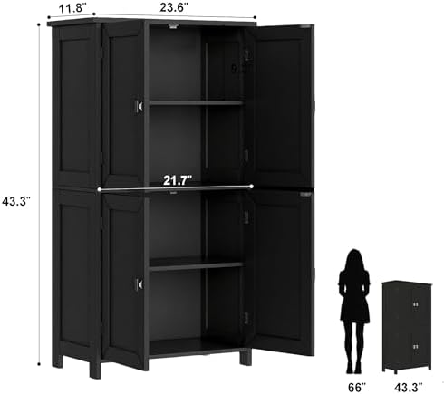 Bathroom Cabinet with Adjustable Shelf Freestanding Storage Cabinet with 2 Doors Wooden Organizer Floor for Bathroom Kitchen and Living Room (Black, 4 Doors)